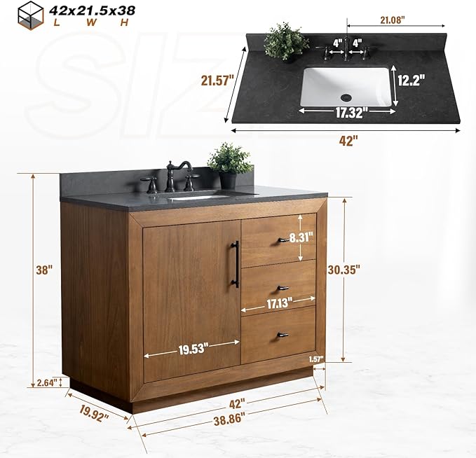 HOMEBEYOND 42" Bathroom Vanity with Single Sink & Ceramic Top, MDF Material Vanity Cabinet with Basin Combo, Soft-Closing Doors, Removable Shelf, Backsplash, Tan