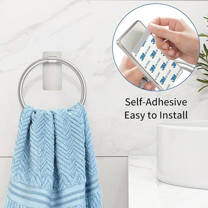 STWWO Hand Towel Holder for Bathroom, Brushed Nickel Towel Ring Adhesive | Bathroom Towel Holder Self Adhesive for Bath RV Kitchen, No Drill Hole