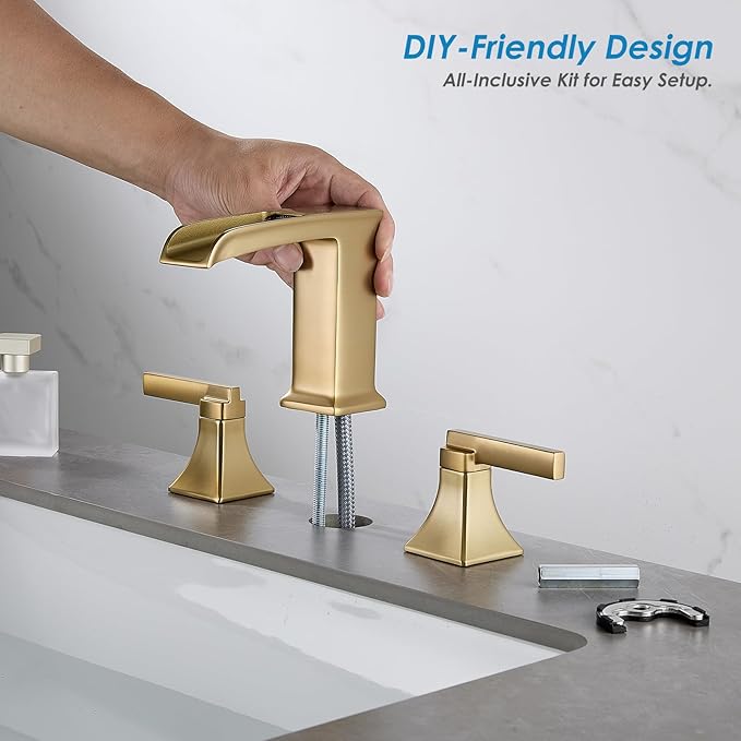 Brushed Gold Bathroom Sink Faucet, 8-Inch Widespread Bathroom Faucets for 3-Hole Sinks, 2-Handle Brass Waterfall Vanity Faucet with Drain Assembly, Champagne Bronze