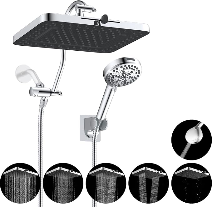 13'' 5-spray Rain Shower Head with 10-Spray Handheld, Chrome | cUPC Certified High Pressure Dual Showerhead Combo, Upgraded Rainfall Shower Head, 12'' Extension Arm, 71'' Hose & Holder