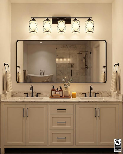 5-Light Matte Black Bathroom Light Fixtures Over Mirror, 38" UL-Listed Modern Farmhouse Wall Sconce Lights with Milk White Frosted Glass and Metal Cage for Bath, E26, CH9176BKW-5W