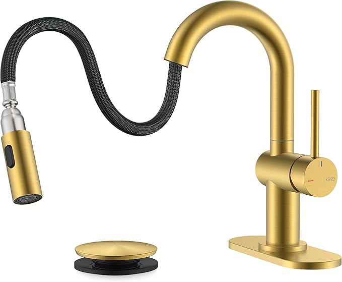 KENES Brushed Gold Single Handle Bathroom Faucet with Pull Out Sprayer, Pull Down Bathroom Sink Faucet with Sprayer, Vanity Bar Faucet with Pop Up Drain & Deck Plate, KE-9065B-4