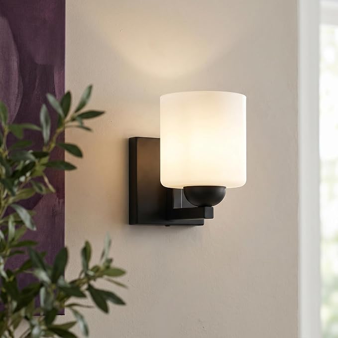 mirrea 1-Light Black Bathroom Vanity Light with White Glass Shade | Over Mirror,Wall Sconce,ETL listed,Bathroom Lighting Fixtures,Elegant Design,Milk White Glass Shade,Easy Installation