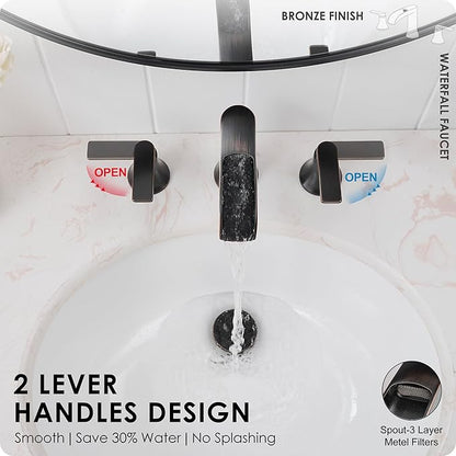 Oil Rubbed Bronze Bathroom Sink Faucet Widespread, 8 Inch Waterfall Faucet Bathroom 3 Hole with Pop-up Drain and cUPC Supply Lines, 2 Handles for Vanity, Restroom, Farmhouse, Brass Material