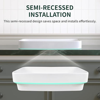 DeerValley Bathroom Vessel Sink, 19.29'' x 11.81'' x 4.72'' Semi Recessed Bathroom Sink Rectangular White Ceramic Sinks for Bathroom Modern Bath Sink Bowl Vanity Sinks Above Counter Basin DV-1V0047