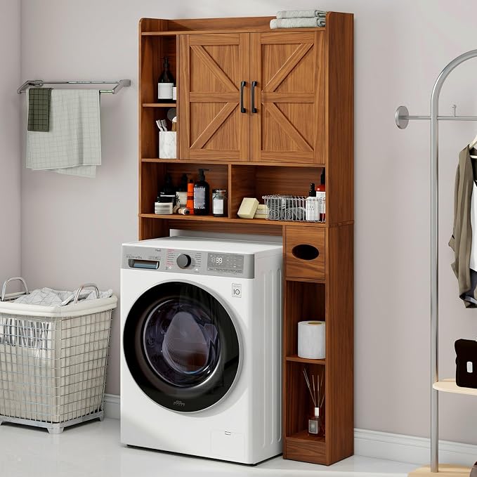 Vabches Over The Toilet Storage Cabinet with 2 Barn Doors, Caramel | Farmhouse Storage Cabinet with Toilet Paper Holder Stand，Home Space-Saving Toilet Rack, for Bathroom, Restroom, Laundry