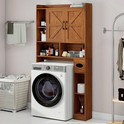 Vabches Over The Toilet Storage Cabinet with 2 Barn Doors, Caramel | Farmhouse Storage Cabinet with Toilet Paper Holder Stand，Home Space-Saving Toilet Rack, for Bathroom, Restroom, Laundry