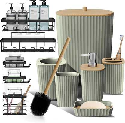 Clara Clark Bathroom Set - Sage Green Bathroom Accessories Set, 6PC Bathroom Accessory Set, Bathroom Sets with Adhesive Corner Shower Caddy Hanging, Toilet Brush, Trash Can & Soap Dispenser
