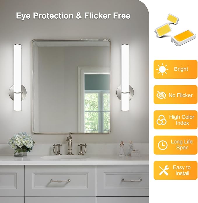 2-Pack 17.3” LED Vanity Light, 12W 1200LM 5000K Daylight Dimmable Bathroom Light Vertical or Horizontal, Modern Brushed Nickel Bathroom Led Wall Sconces, Energy Saving, for Mirror Living Room