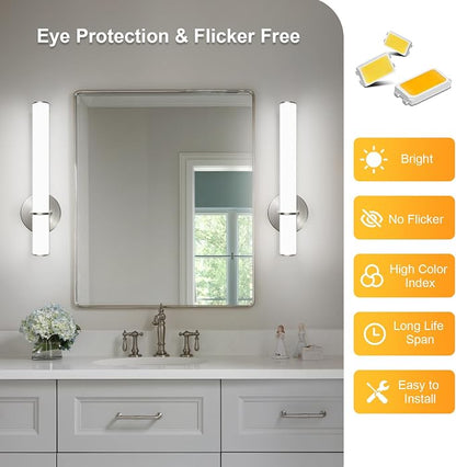 2-Pack 17.3” LED Vanity Light, 12W 1200LM 5000K Daylight Dimmable Bathroom Light Vertical or Horizontal, Modern Brushed Nickel Bathroom Led Wall Sconces, Energy Saving, for Mirror Living Room