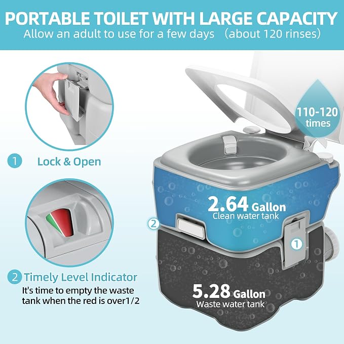 YITAMOTOR Portable Toilet for Camping, Porta Potty Toilet with 5.3 Gal Waste Tank & 2.6 Gal Flush Tank, Bag, Sprayer, T-type Outlet, Level indicator, Anti-Leak Odor-Sealing Slide Valve for RV Outdoors