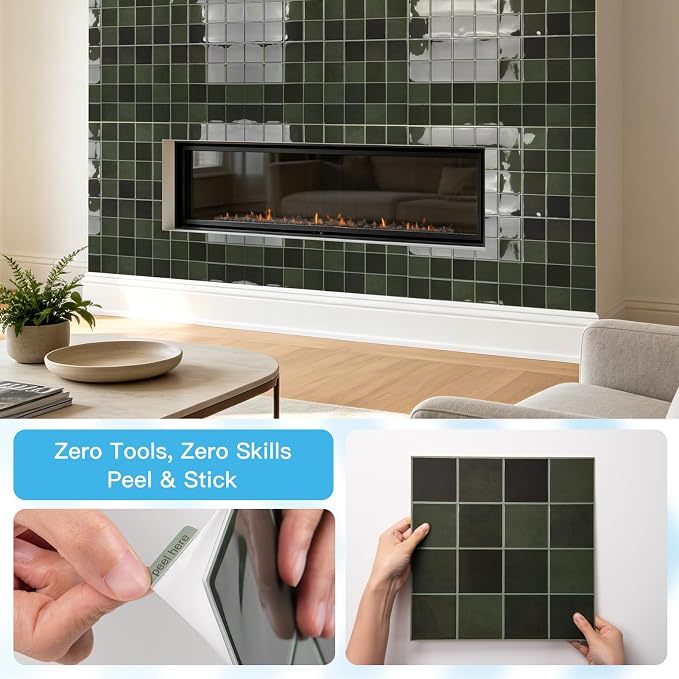 Art3d 10-Pack Heavy-Duty Peel and Stick Backsplash, 12x12 Inch Self-Adhesive Wall Tile Stick on Kitchen Countertop, Green