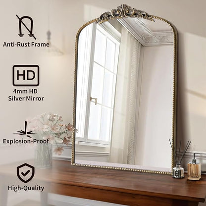 Micasso Bathroom Mirrors for Over Sink: 24"x36" Gold Vintage Arched Mirror | Traditional Ornate Baroque Decorative Antique Wall Mirror for Bedroom/Entryway/Hallway/Dresser/Vanity/Mantel/Nightstand