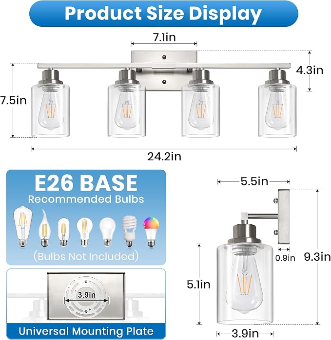 Ascher 4 Light Bathroom Light Fixture, Brushed Nickel Bathroom Lighting Fixtures Over Mirror, Vanity Light with Clear Glass Shade, Wall Sconce for Living Room Bedroom Cabinet, E26 Base