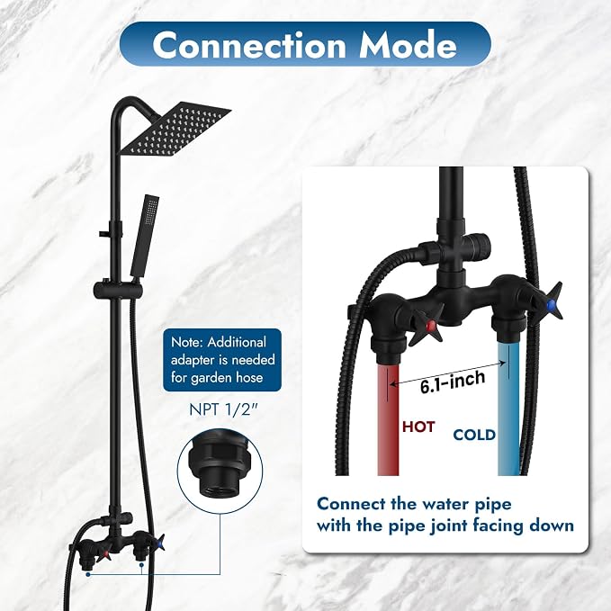 Wall Mounted Outdoor Shower Kit,Outdoor Shower Faucet,Matte Black | 6-Inch Square Rainfall Shower Head with Handheld Spray, Adjustable Slide Bar & Dual Function Design for Flexible Outdoor Use