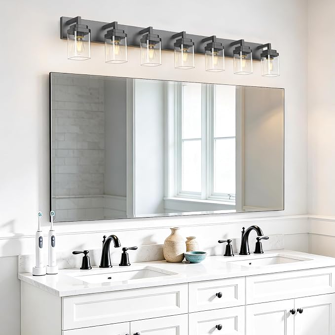 Matte Black Bathroom Light Fixtures, Modern Vanity Lights with Clear Glass Lamp Shade, Bathroom Lighting Fixtures Over Mirror, Restroom Vanity Lighting Fixture, 7-Light 52 Inch
