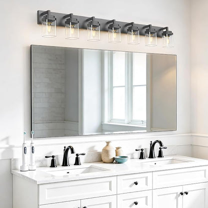 Matte Black Bathroom Light Fixtures, Modern Vanity Lights with Clear Glass Lamp Shade, Bathroom Lighting Fixtures Over Mirror, Restroom Vanity Lighting Fixture, 7-Light 52 Inch