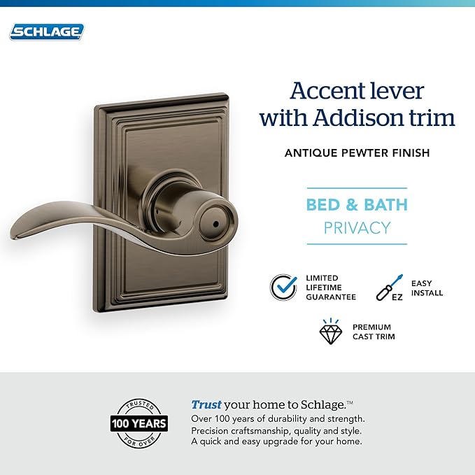 SCHLAGE F40ACC620ADD Addison Collection Accent Privacy Lever, Antique Pewter