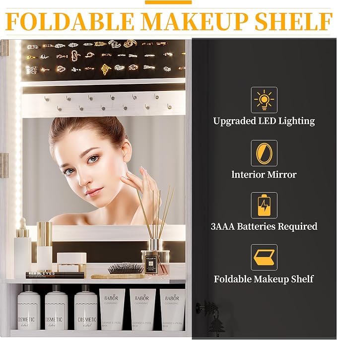 47.2" LED Jewelry Mirror Cabinet, Wall/Door Mounted Jewelry Armoire Organizer with Full Length Mirror, Large Storage Hanging Cabinet, 4 Drawers, 5 Shelves, Built-in Lighted Mirror (White)