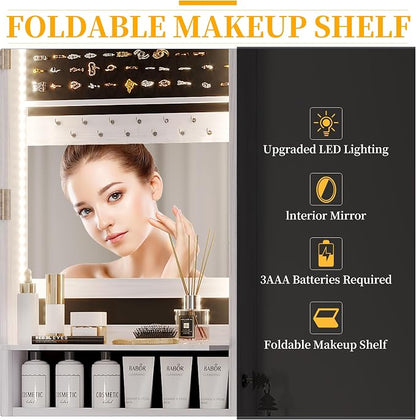 47.2" LED Jewelry Mirror Cabinet, Wall/Door Mounted Jewelry Armoire Organizer with Full Length Mirror, Large Storage Hanging Cabinet, 4 Drawers, 5 Shelves, Built-in Lighted Mirror (White)