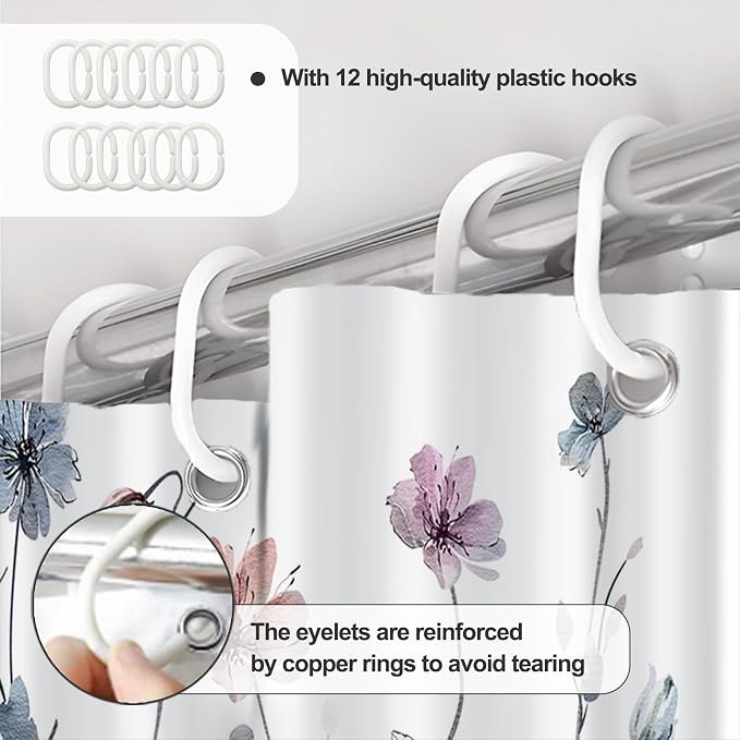 Flower Shower Curtain, Wildflower Shower Curtain Floral with Hooks, 72x72" | AWERT Pastel Shower Curtain for Bathroom, Spill-resistant Fabric Floral Bathroom Curtain Machine washable, with 12 Hooks