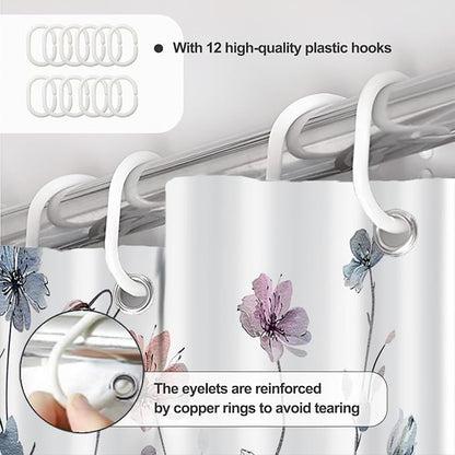 Flower Shower Curtain, Wildflower Shower Curtain Floral with Hooks, 72x72" | AWERT Pastel Shower Curtain for Bathroom, Spill-resistant Fabric Floral Bathroom Curtain Machine washable, with 12 Hooks