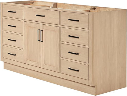 ARIEL Hepburn 66-inch Bathroom Vanity Base Cabinet,Solid Wood, 2 Soft Closing Doors, 9 Dovetail Drawers, White Oak