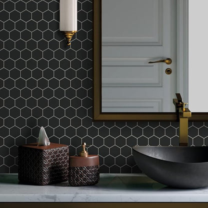 10-Sheet Hexagon Peel and Stick Backsplash, 11.42" x 11.42" Black Honeycomb Self-Adhesive Marble Mosaic Wall Tile, Waterproof Stick on Backsplash Tiles for Kitchen Bathroom Shower