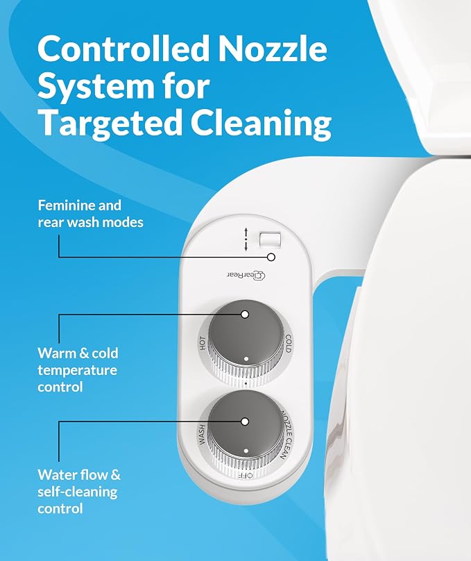 CLEAR REAR Bidet Attachment for Toilet Seat - Non-Electric with Self Cleaning Nozzle, Leak Proof Connectors, Adjustable Water Spray, Rear & Feminine Wash - Hygienic Bathroom Upgrades