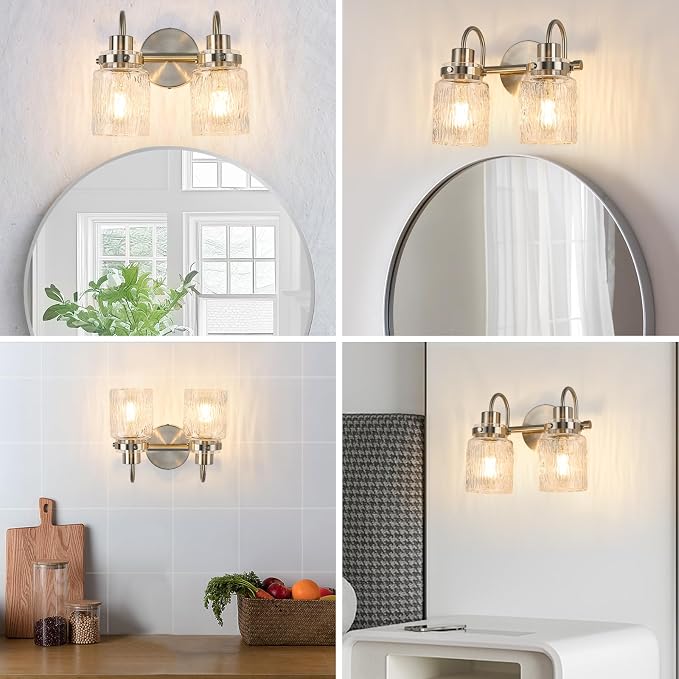 2 Lights Bathroom Vanity Light, Brushed Nickel Bathroom Light Fixtures with Hammered Glass Lampshade for Dressing Table,Over Mirror,Hallway