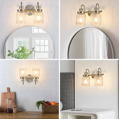 2 Lights Bathroom Vanity Light, Brushed Nickel Bathroom Light Fixtures with Hammered Glass Lampshade for Dressing Table,Over Mirror,Hallway