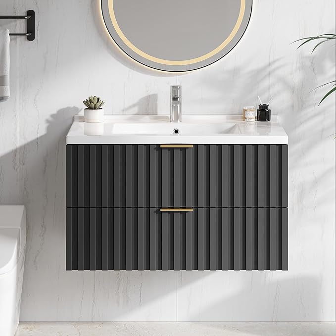 ONBRILL 30 Inch Bathroom Vanity with Sink Combo, Floating Bathroom Vanity with 2 Fluted Drawers & Metal Handle, Modern Wall Mount Storage Cabinet with Ceramic Integrated Sink for Small Space (Black)
