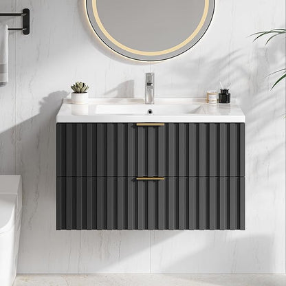 ONBRILL 30 Inch Bathroom Vanity with Sink Combo, Floating Bathroom Vanity with 2 Fluted Drawers & Metal Handle, Modern Wall Mount Storage Cabinet with Ceramic Integrated Sink for Small Space (Black)