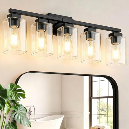 31” Bathroom Light Fixtures Over Mirror,5-Light Black Vanity Light | Square Clear Glass & Durable Metal, Quick & Easy Installation, Standard E26 Socket, Bright Bathroom Lighting