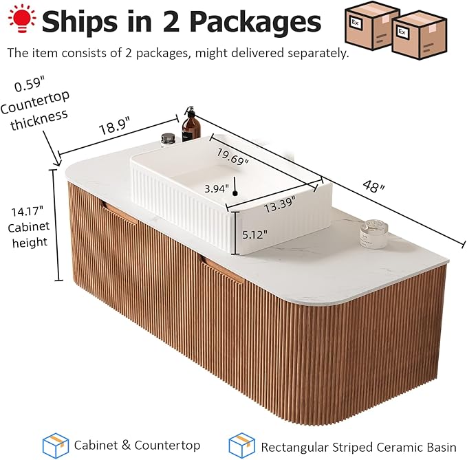 48" Bathroom Vanity with Sink, Floating Plywood Bathroom Vanities with Rectangular Ceramic Basin and Marble Top, 2 Large Soft-Closing Storage Drawers, Pre-Assembled Cabinet, Nature Wood