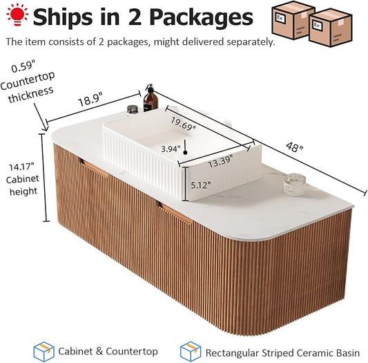 48" Bathroom Vanity with Sink, Floating Plywood Bathroom Vanities with Rectangular Ceramic Basin and Marble Top, 2 Large Soft-Closing Storage Drawers, Pre-Assembled Cabinet, Nature Wood