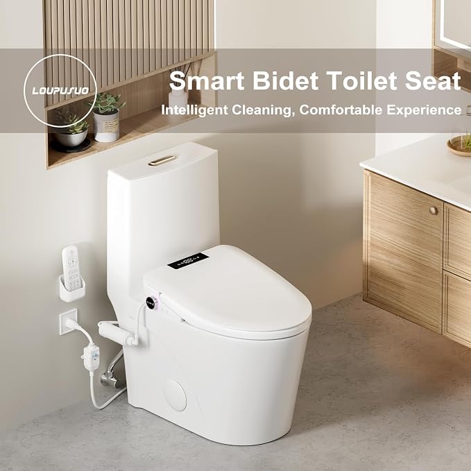 LOUPUSUO Electric Bidet Toilet Seat with Instant Warm Water Elongated | Heated Toilet Seat with Soft Closed Lid,Multiple Cleaning Modes,Warm Air Dryer,Soft Closed Lid, Saved User Settings
