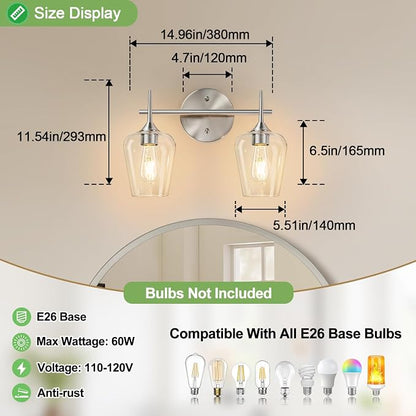 MOKATNG 2-Light Bathroom Light Fixtures, Brushed Nickel Vanity Lights for Bathroom with Clear Glass, Bathroom Lighting Fixtures Over Mirror, Modern Wall lamp for Cabinet Hallway