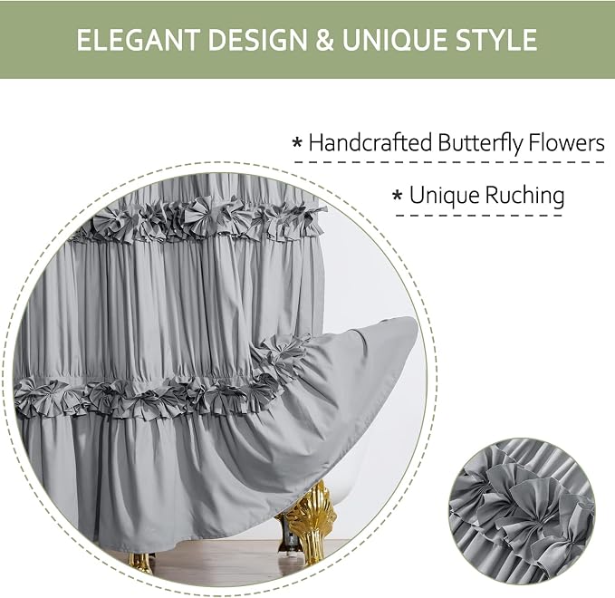 Homechoice Decor Victorian Ruffle Shower Curtain, 72" W x 72" H, Gray | Vintage Handcrafted Bow Tie Bath Curtain for Master Bathroom, Ruched Microfiber Bathroom Curtain with 12 Buttonholes (LQ-10)