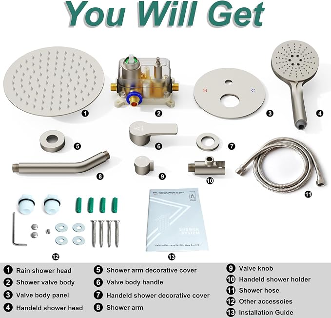 Shower Faucet Set 12IN Brass Rough-In Valve Body Trim Kit Rainfall Included Handle Accessories Complete 2 Functions with Rain Head and Handheld Bathroom Systems (12'', Brushed Nickel)