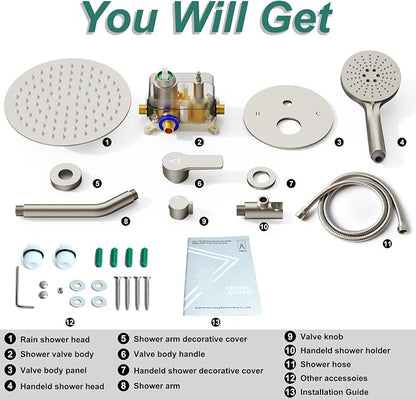 Shower Faucet Set 12IN Brass Rough-In Valve Body Trim Kit Rainfall Included Handle Accessories Complete 2 Functions with Rain Head and Handheld Bathroom Systems (12'', Brushed Nickel)