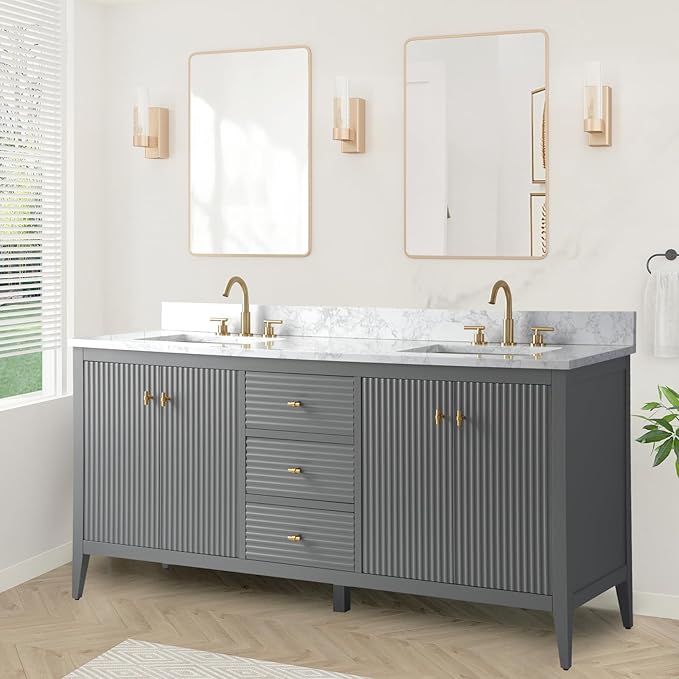 HOMEBEYOND 72" Bathroom Vanity with Double Sink, Solid Wood Bathroom Vanity Free-Standing Cabinet, Ceramic Top & Soft Closing Door, Golden Brushed Handware, Cashmere Gray