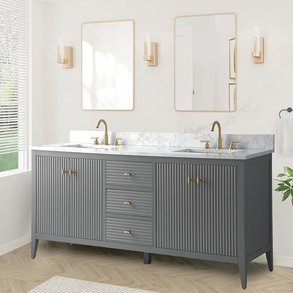 HOMEBEYOND 72" Bathroom Vanity with Double Sink, Solid Wood Bathroom Vanity Free-Standing Cabinet, Ceramic Top & Soft Closing Door, Golden Brushed Handware, Cashmere Gray