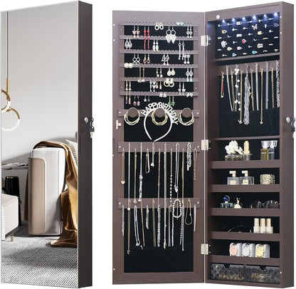 LED Jewelry Cabinet Armoire Organizer,Wall/Door Mount Jewelry Organizer and Storage with Full-Length Mirror Hanging Jewelry Organizer Full Length Mirror with Storage Large Capacity Brown