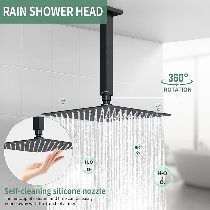 SunCleanse Rainfall Shower Faucet Set with High Pressure in Matte Black | Ceiling mounted shower combo set featuring a 10" rainfall shower head, handheld spray, and rough-in shower valve.