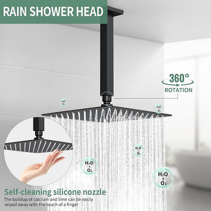 SunCleanse Rainfall Shower Faucet Set with High Pressure in Matte Black | Ceiling mounted shower combo set featuring a 10" rainfall shower head, handheld spray, and rough-in shower valve.