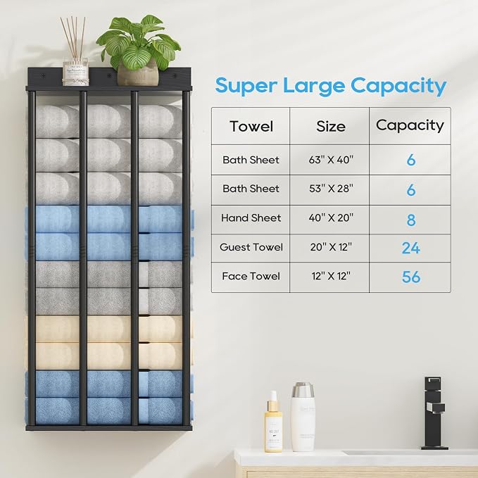Wall Mounted 4-Bar Towel Rack with Wooden Shelf, Bathroom Storage Holder | Large Bathroom Towel Storage Rack for Rolled Towels, Modern Black Metal Towel Organizer Shelf with Wooden Storage Shelf