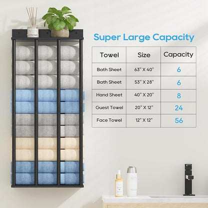 Wall Mounted 4-Bar Towel Rack with Wooden Shelf, Bathroom Storage Holder | Large Bathroom Towel Storage Rack for Rolled Towels, Modern Black Metal Towel Organizer Shelf with Wooden Storage Shelf