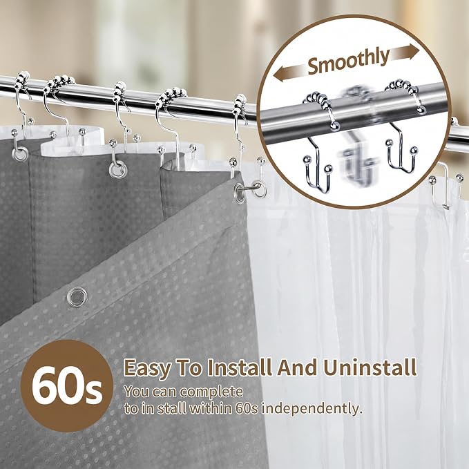 Siiluminisoy Shower Curtain and Liner Set, Waffle Shower Curtain Set with 12 Stainless Steel Hooks, Waterproof Luxury Fabric Shower Curtains for Bathroom and Hotel, Grey, 72" W x 84" H
