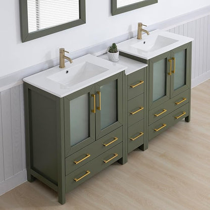 Vanity Art 72 Inch Under Mount Double Sink Bathroom Vanity Cabinet with 2 Mirrors, Ceramic Top Bathroom Cabinet Compact Set with 7 Dovetail Storage Drawers and Golden Brushed Handles, VA3030-72-VG